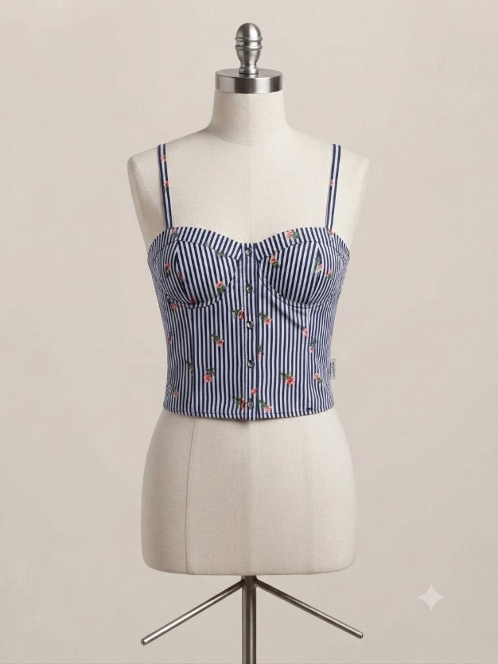 Sweet Rain Navy & White Striped Floral Bustier Crop Top with Pink Accents